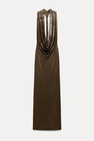 LONG FOIL HALTER DRESS - Bronze by Zara - Image 0