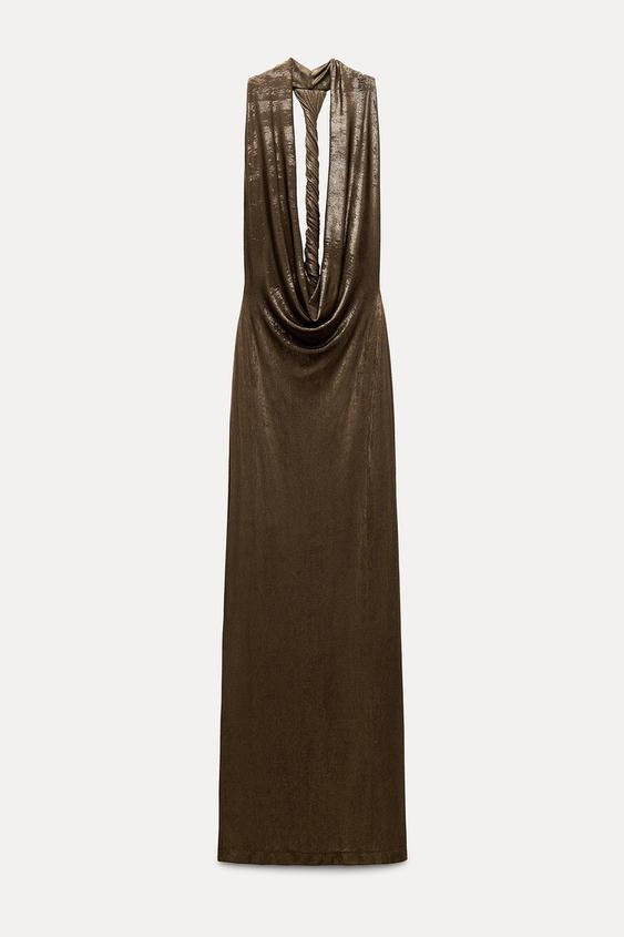 LONG FOIL HALTER DRESS - Bronze by Zara - Image 0
