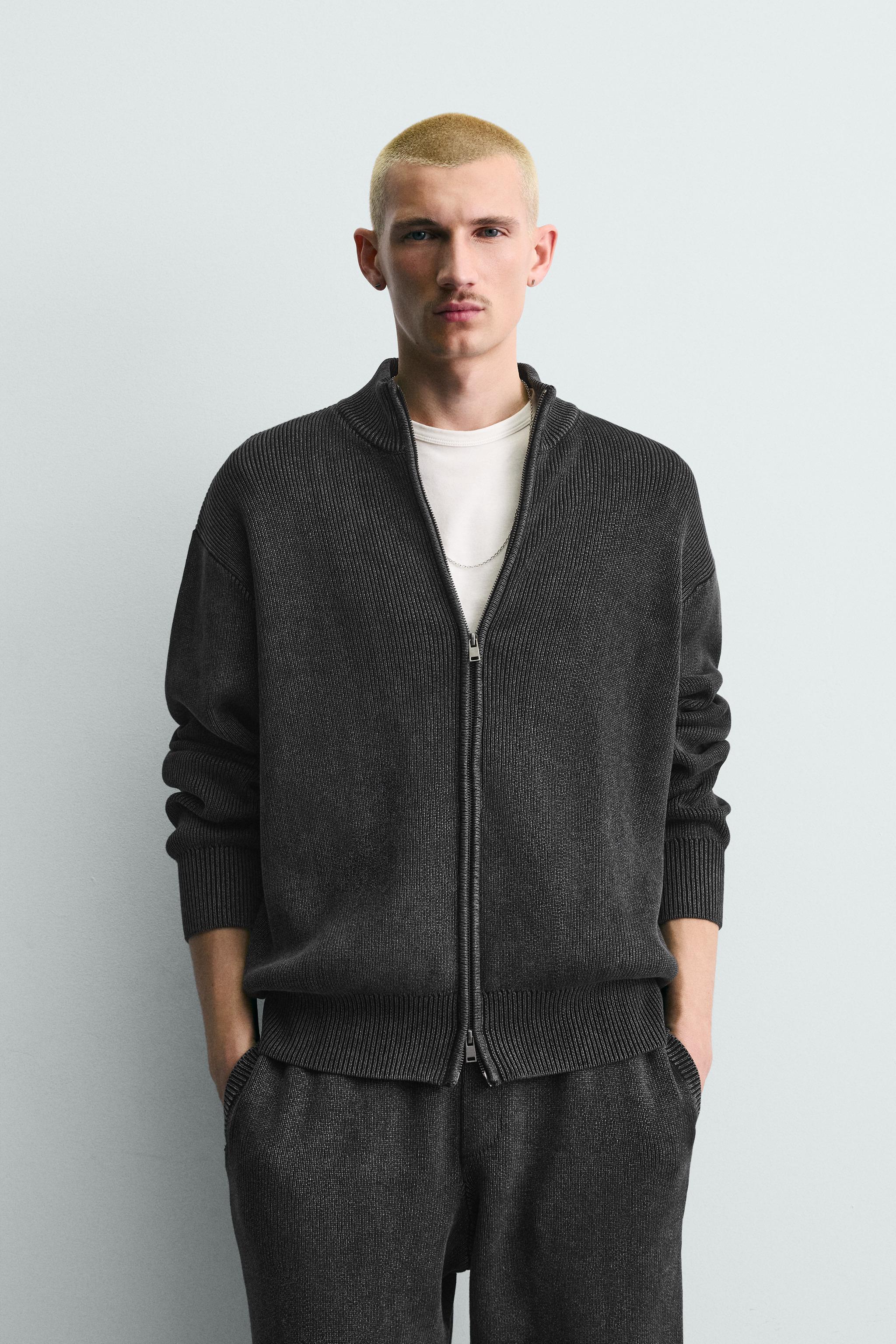 WASHED TEXTURED KNIT CARDIGAN — Navy blue