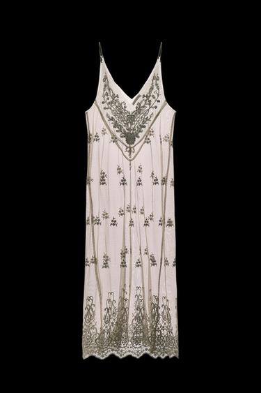 EMBROIDERED BEADED TULLE DRESS - Taupe grey by Zara - Image 0