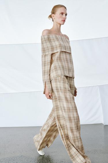 Zara ZW COLLECTION PLAID TOP - Beige