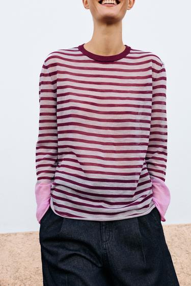 STRIPED KNIT JUMPER - Burgundy by Zara