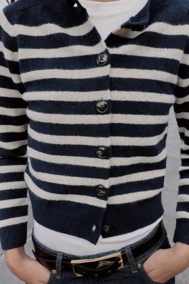 GILET EN MAILLE RAYÉ - Écru / Bleu de Zara - Image 4