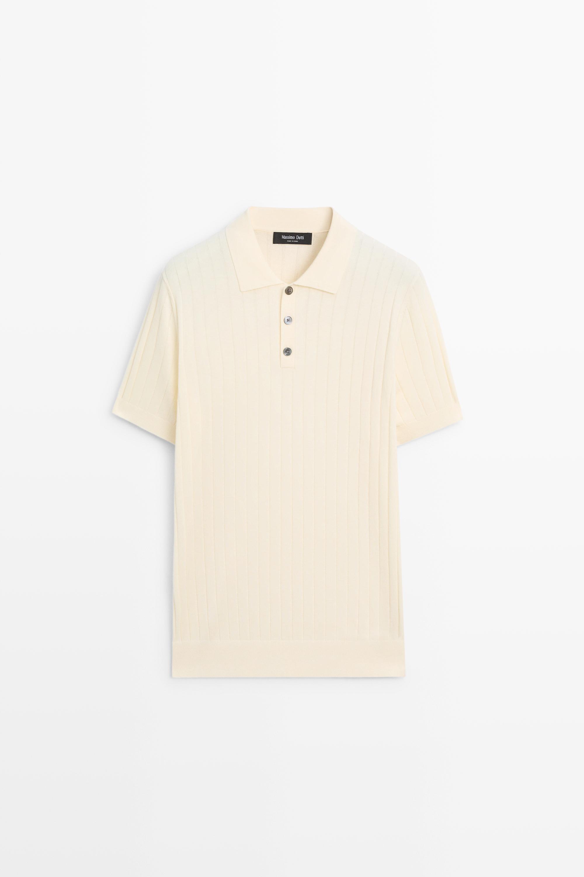 Ribbed knit cotton blend polo shirt — Ecru