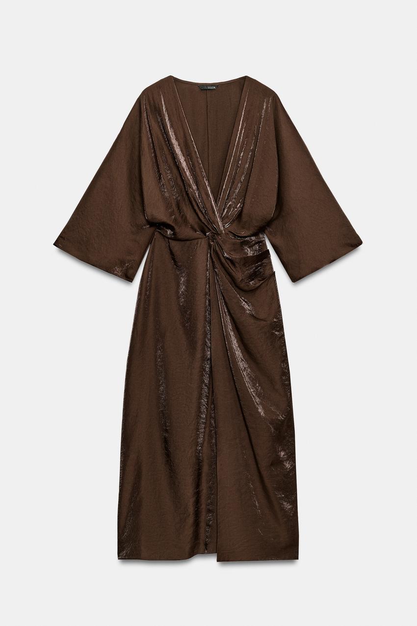 zara brown midi dress SATIN - Size:32-34 Made in Australia SATENSKA ASIMETRIČNA MIDI HALJINA Silk Dress S 2000s