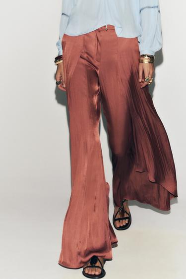 FLOWING WIDE-LEG TROUSERS WITH RUFFLES - MARSALA by Zara