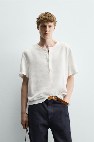 SHORT SLEEVE HEMP HENLEY SHIRT - White by Zara - Image 1