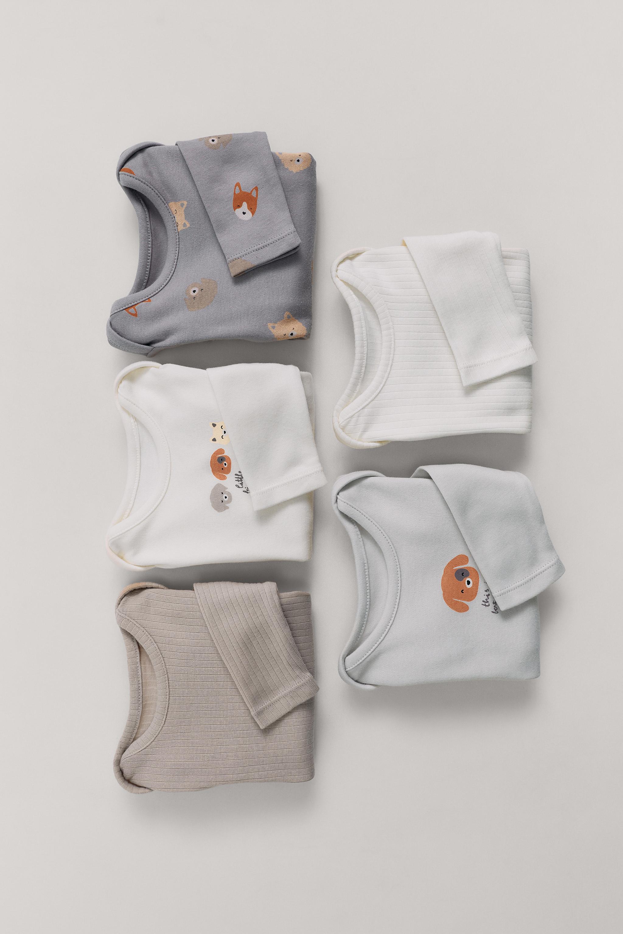 5-PACK PUPPY PRINT BODYSUTIS — Gray / Tan
