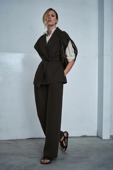 Zara ZW COLLECTION DOUBLE BREASTED LINEN VEST - Brown