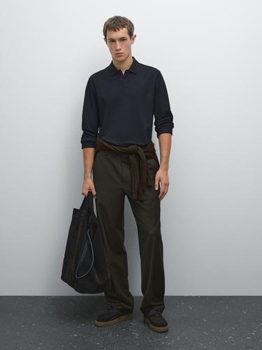 Zara Long sleeve mercerised cotton piqué polo shirt - Navy blue - Image 0