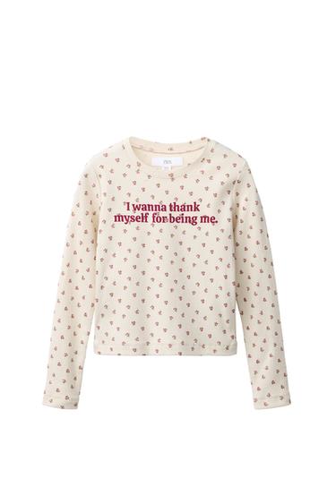 Zara FLOWERS AND TEXT T-SHIRT - Beige