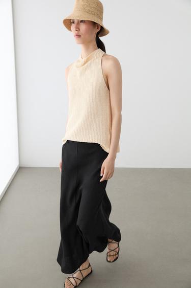 Jupe midi droite en lin - Noir de Zara
