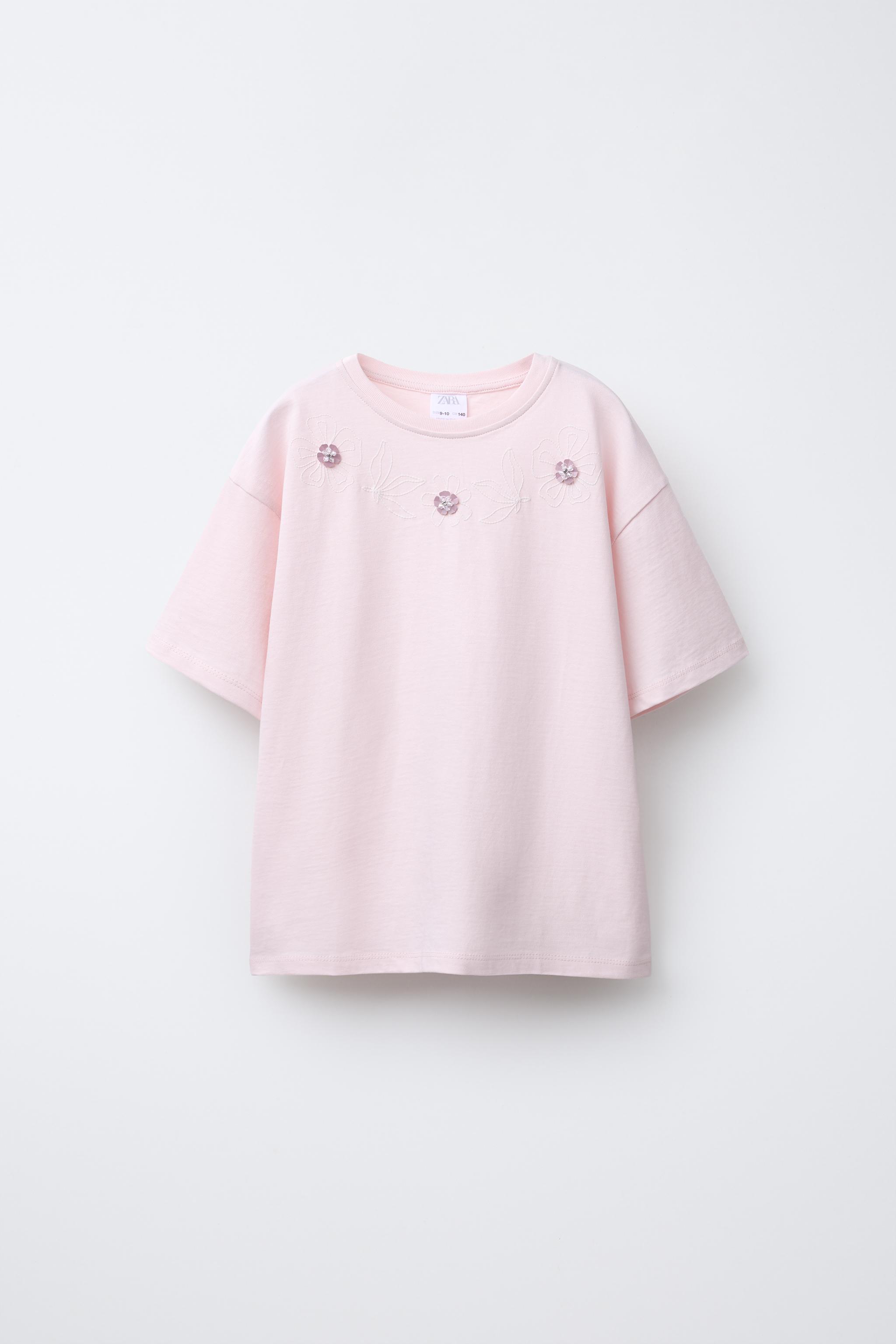 FLORAL T-SHIRT WITH BEADED APPLIQUÉS - Pink | ZARA Hong Kong