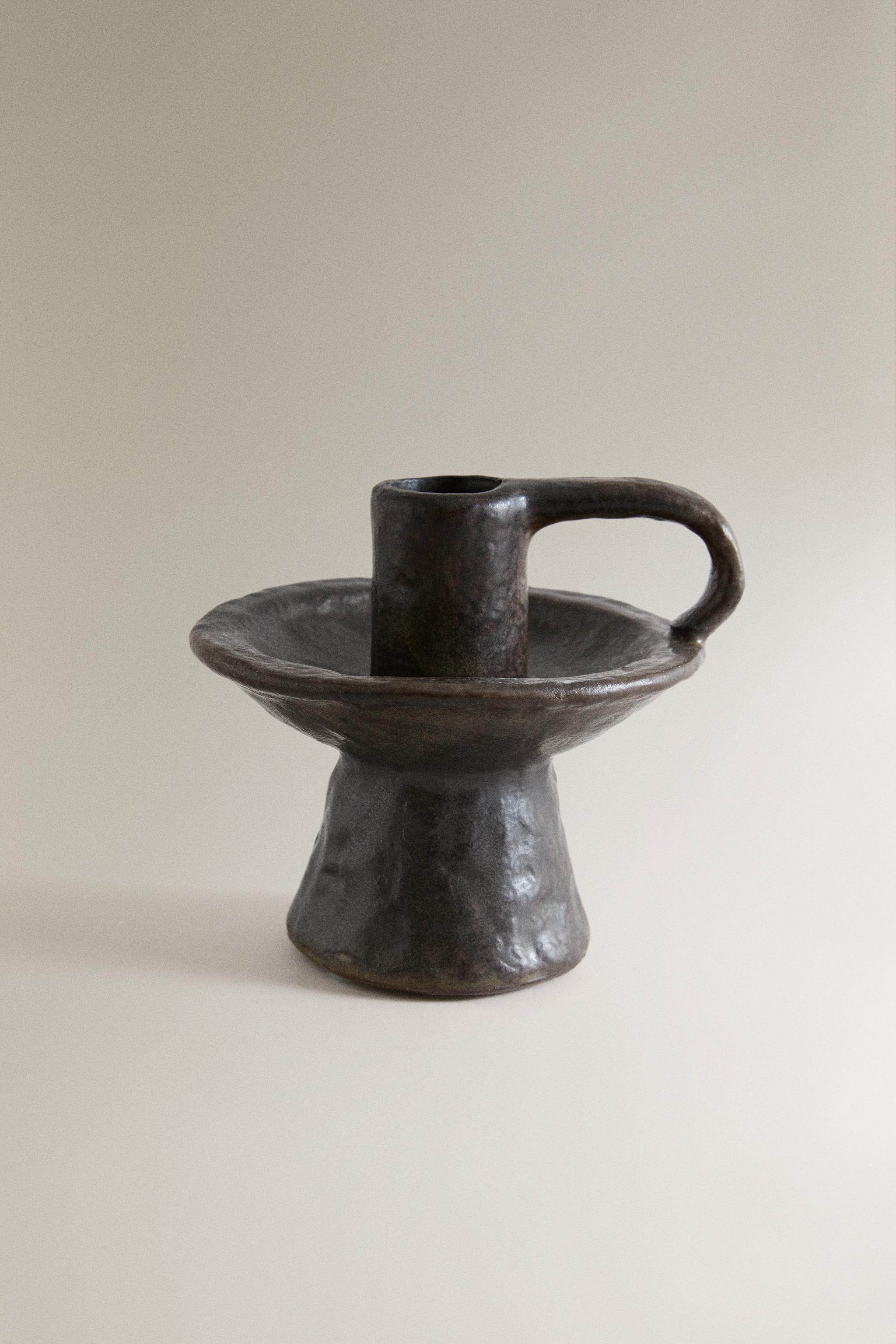 STONEWARE CANDLEHOLDER — Brown