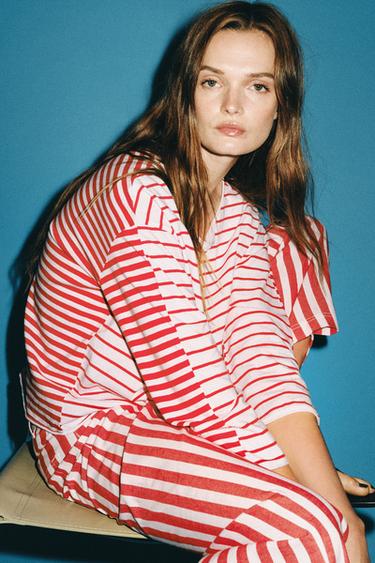 ZW COLLECTION STRIPED TAPERED JEANS - Red / White by Zara - Image 6
