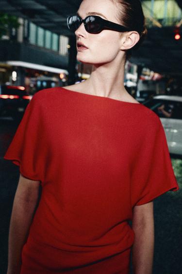 PLAIN KNIT BOAT NECK TOP - Mid-red by Zara