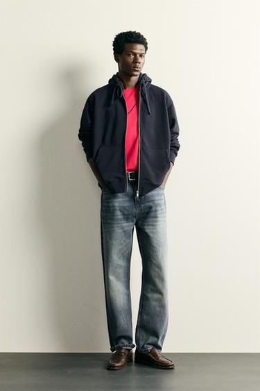 Zaras SWEATSHIRT RELAXED FIT DRAGKEDJA HUVA - Marinblå