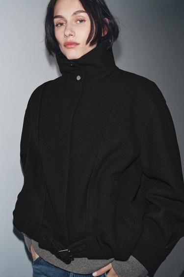 جاكيت بومبر مينيمال مع صوف ZW COLLECTION - أسود الخاص بـ Zara