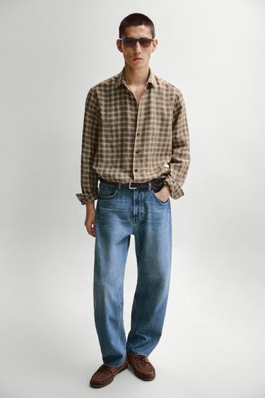 Zara 100% linen regular fit check shirt - Brown marl