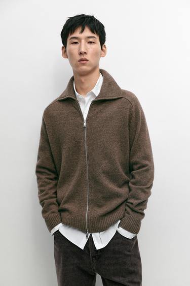 Wool blend zip-up knit cardigan — Tortoise shell 2