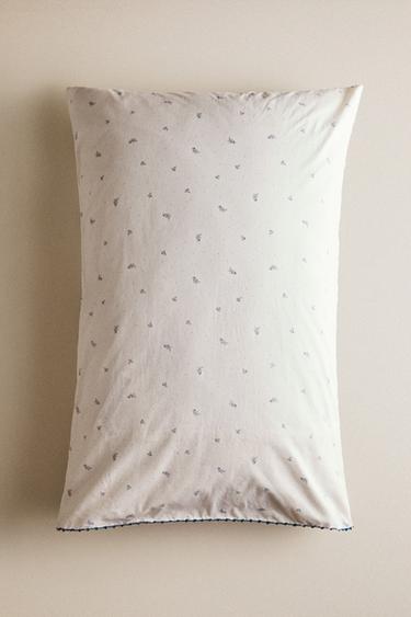CHILDREN’S COTTON PILLOWCASE WITH LEAVES AND POLKA DOTS - White / Navy by Zara
