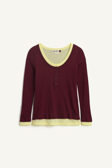 COTTON DOUBLE T-SHIRT - Burgundy by Zara