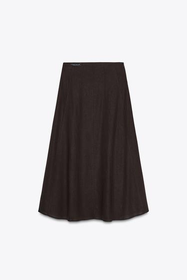 LINEN BLEND MIDI SKIRT - Brown by Zara