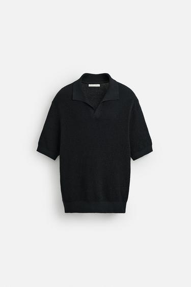 Zara OPEN TEXTURED KNIT POLO SHIRT - Navy blue