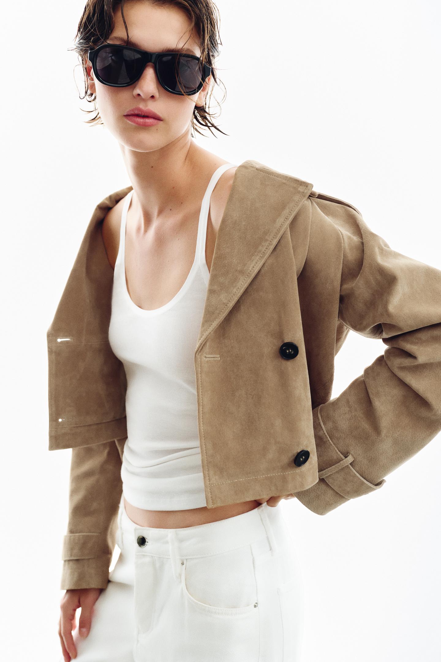 Женское пальто Zara 100% Leather Double-Breasted Short Trench, цвет: Светлый верблюжий — фото 5