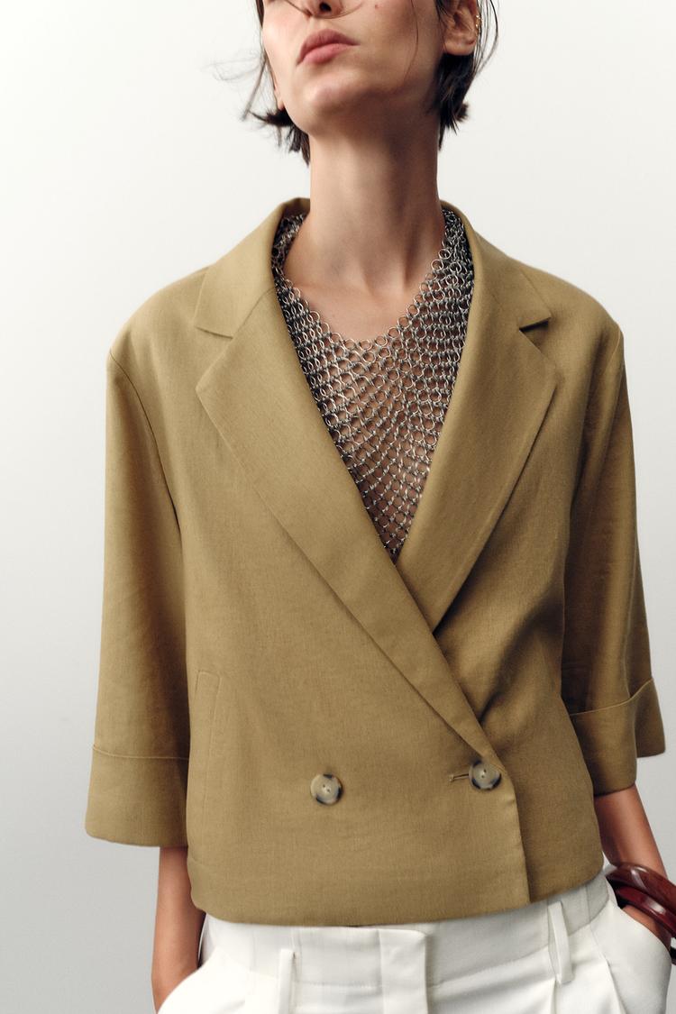 BLAZER COURTE CROISÉE AVEC LIN Vert huile ZARA France