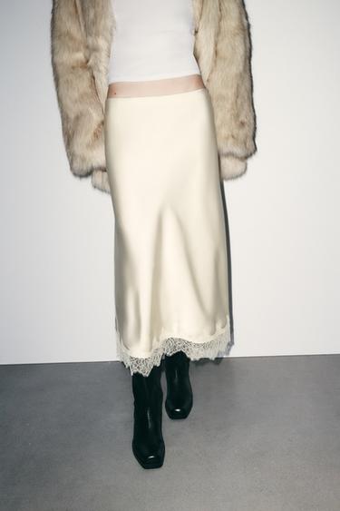 JUPE MI-LONGUE EN SATIN AVEC DENTELLE - Écru moyen de Zara - Image 1