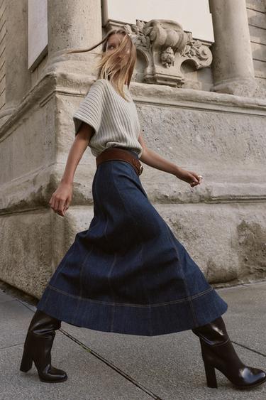 Zara Z1975 BELTED DENIM MIDI WRAP SKIRT - Blue