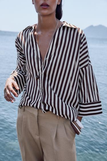 Zara WIDE SLEEVE LINEN SHIRT - Brown / White