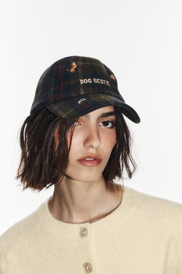 WOOL-BLEND PLAID CAP WITH DOG EMBROIDERY — Green 1