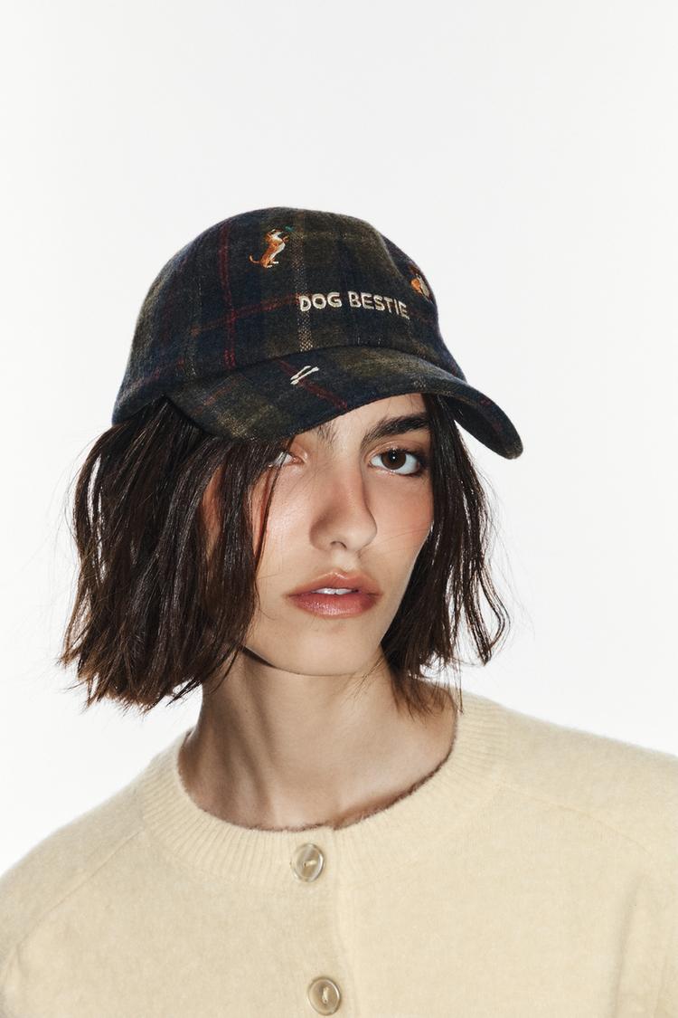 WOOL-BLEND PLAID CAP WITH DOG EMBROIDERY — Green