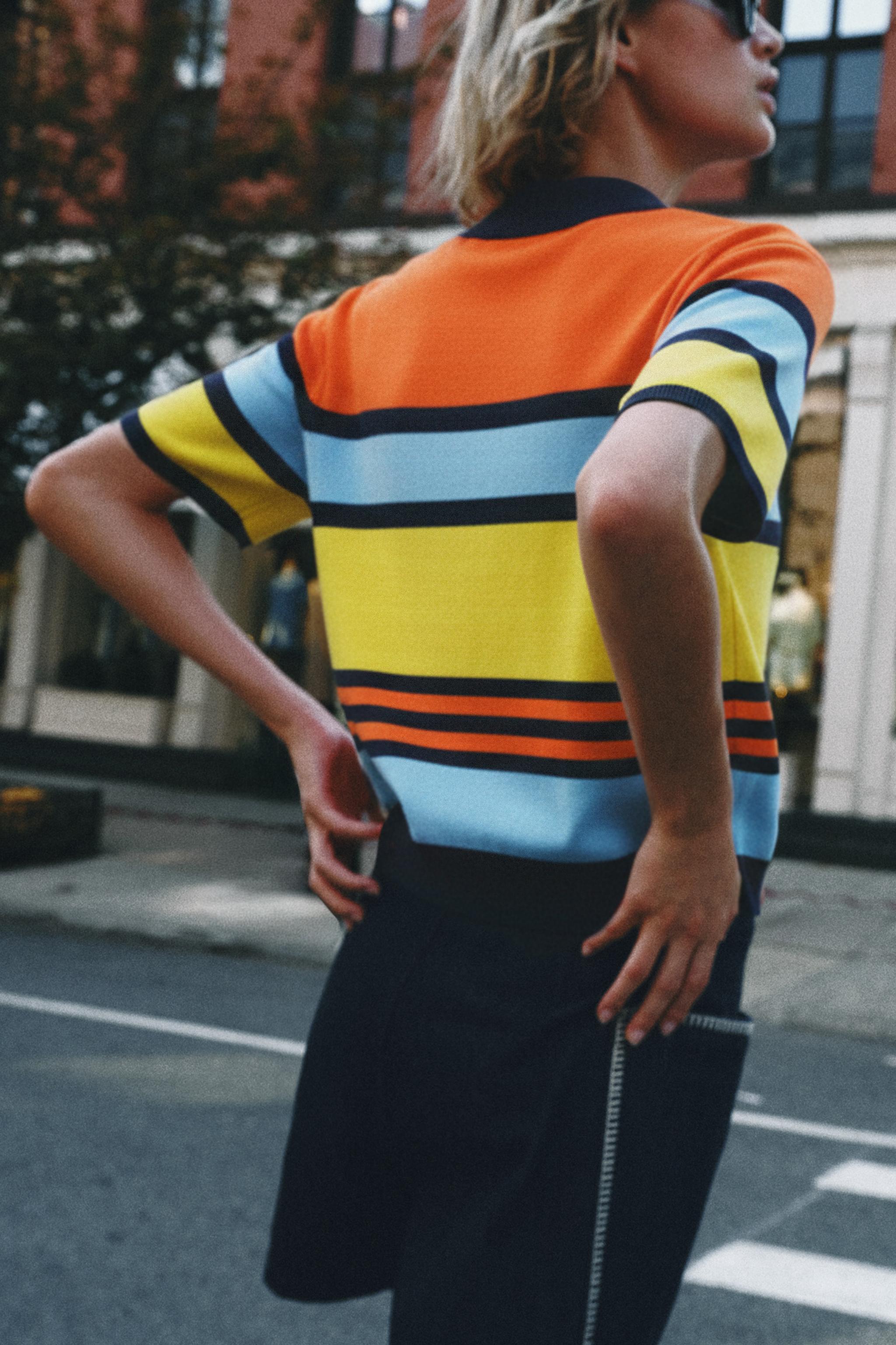 STRIPED KNIT POLO TOP — Printed