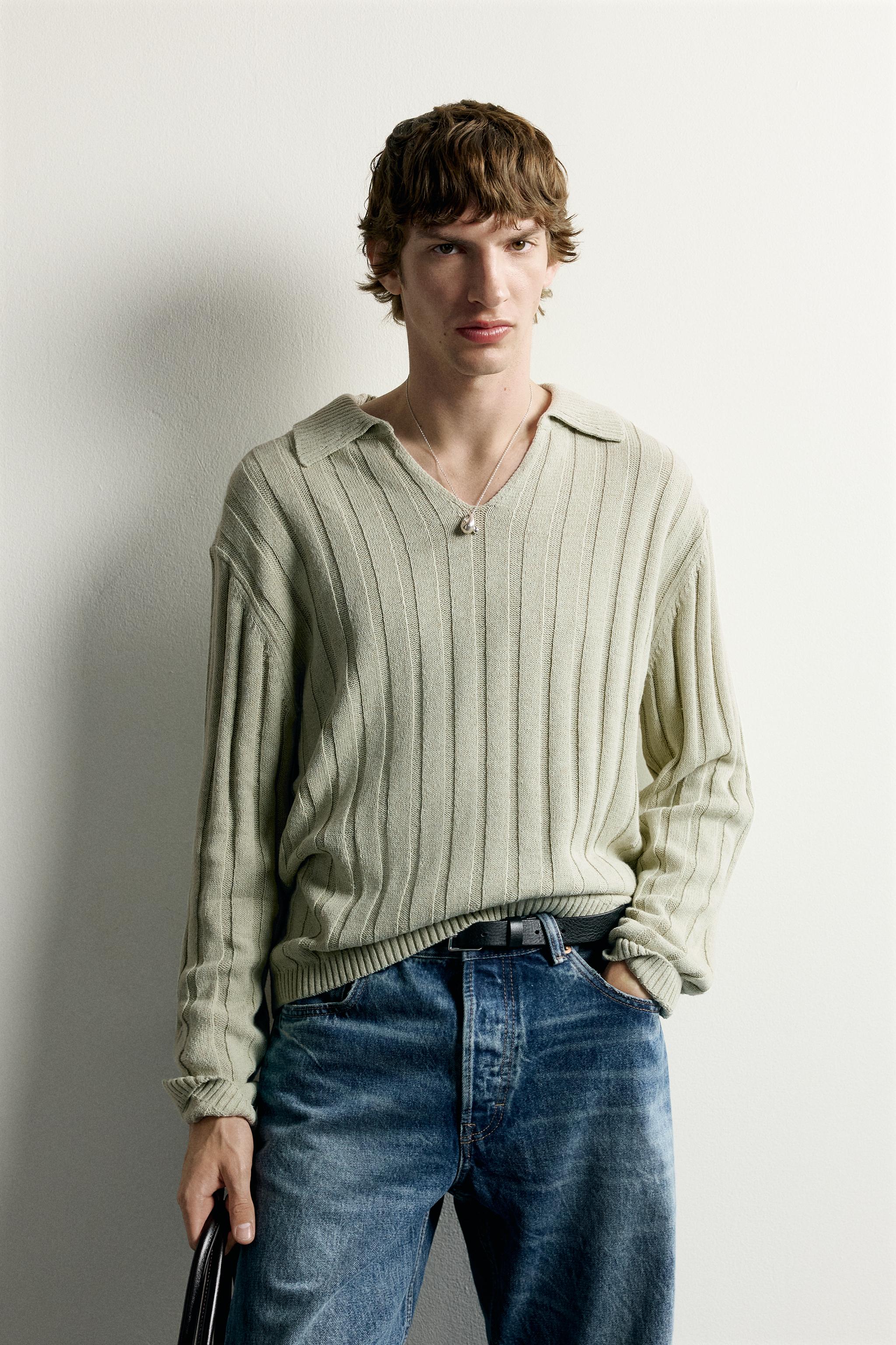 Мужские свитеры Zara LINEN-COTTON RIBBED KNIT POLO — фото 2