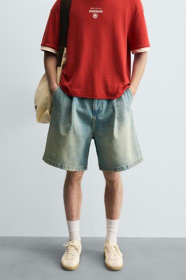 Zara PLEATED BAGGY FIT DENIM SHORTS - Blue