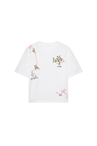 Zara EMBROIDERED FLORAL T-SHIRT - White