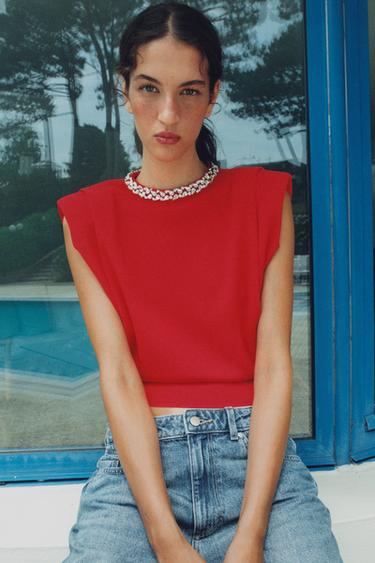 JEWEL-NECK TOP WITH SHOULDER PADS - Red by Zara