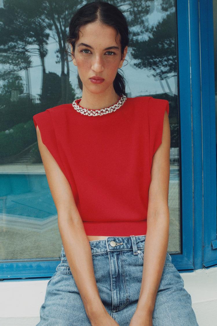 JEWEL-NECK TOP WITH SHOULDER PADS