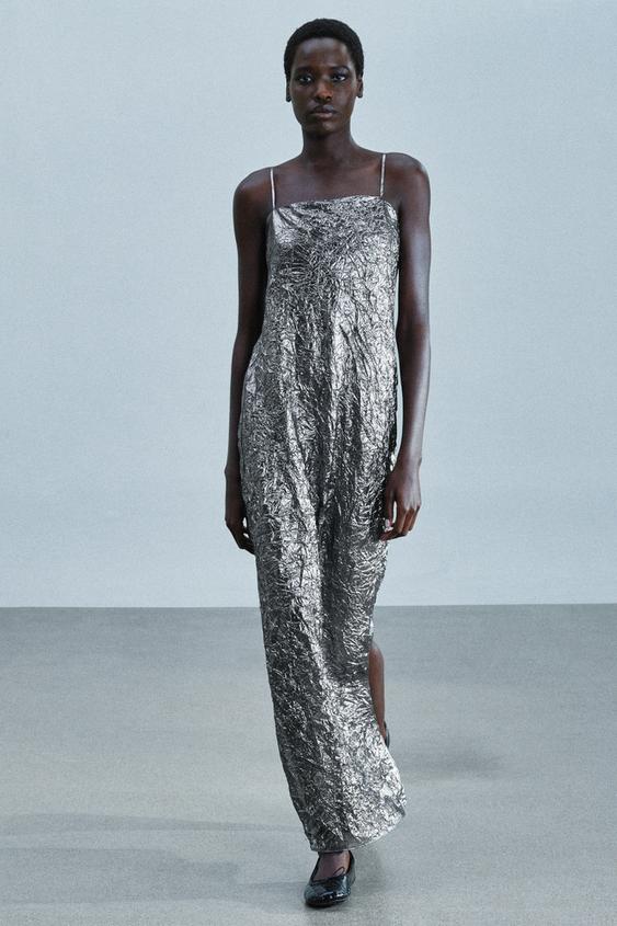 LONG CRINKLE-EFFECT METALLIC DRESS - Black / Silver by Zara - Image 0
