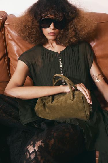 SPLIT SUEDE BOWLING BAG - Khaki Green by Zara