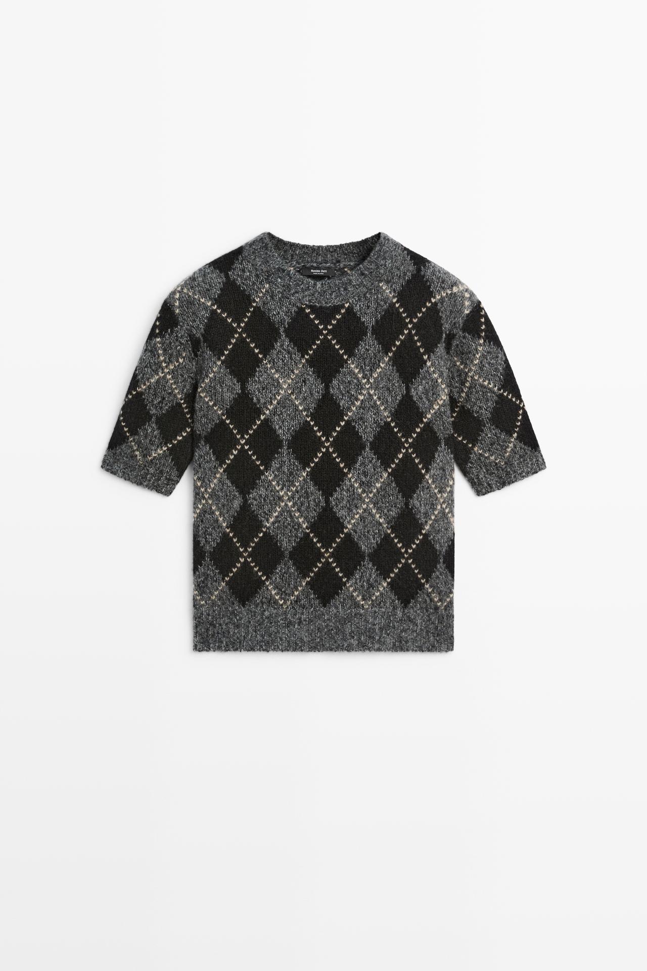 Cashmere-blend short sleeve argyle knit sweater — 210