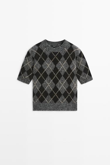 Cashmere-blend short sleeve argyle knit sweater — 210 1