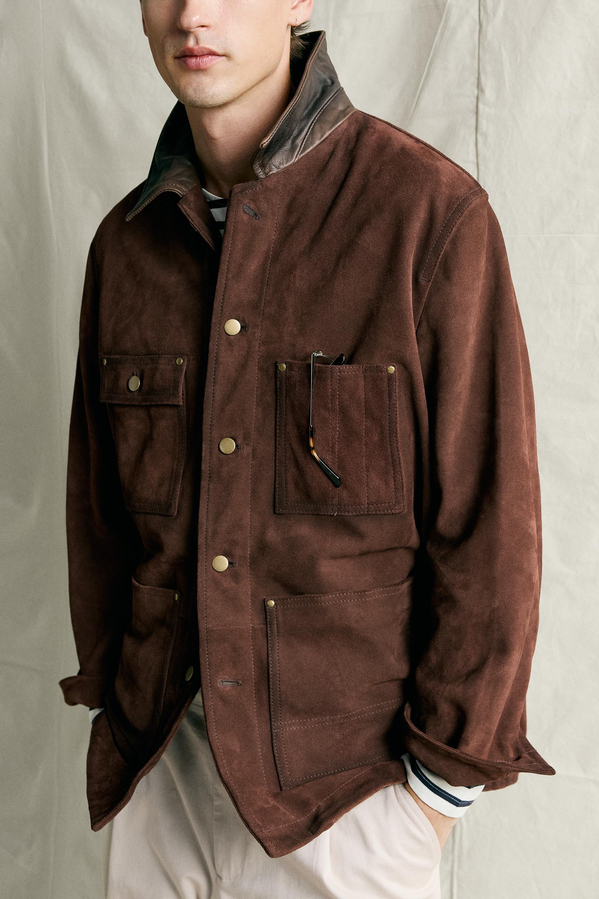 Мужские куртки Zara SUEDE LEATHER JACKET WITH CONTRAST COLLAR — фото 6