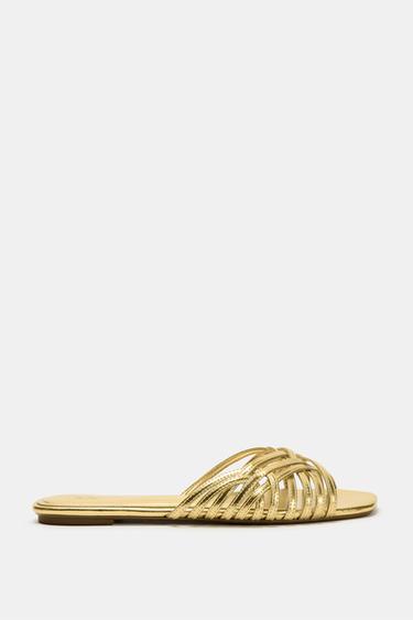 Zara METALLIC STRAPPY FLAT SANDALS - Gold