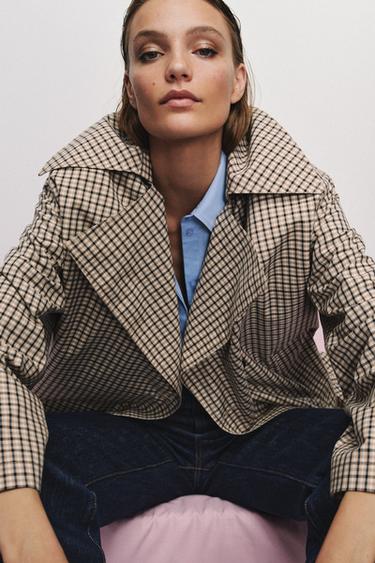 ZW COLLECTION OVERSIZE CHECK TRENCH COAT - Beige / Green by Zara - Image 3