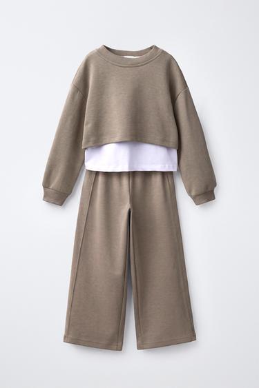 Zara INTERLOCK DOUBLE SWEATSHIRT AND WIDE-LEG PANTS SET - Brown / Taupe