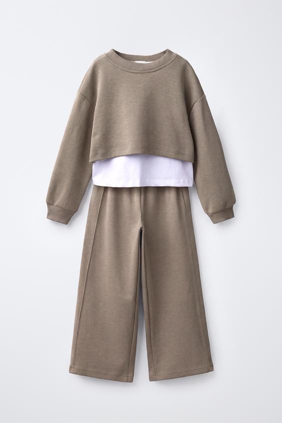 DOUBLE SWEATSHIRT AND WIDE-LEG TROUSERS SET - Brown / Taupe by Zara - Image 0